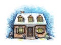 Watercolor winter house in the snow Royalty Free Stock Photo