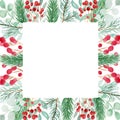 Watercolor winter illustration, botanical frame made of various leaves, twigs, berries, spruce. Royalty Free Stock Photo