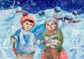 Watercolor winter illustration. Boy and girl with rabbit on the background of winter countryside. Christmas eve.