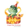 Watercolor winter illustration. Cute cartoon dragon in the gift box with bow and ribbon.