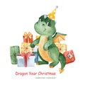 Watercolor winter illustration. Cute cartoon dragon with a huge pile of gift boxes. Royalty Free Stock Photo