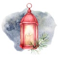 Watercolor winter illustration with red glowing lantern and snow. Cute decorative composition: candle lamp, fir branc Royalty Free Stock Photo