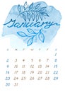 Watercolor Winter January month Calendar template for 2022 year. Week Starts Sunday. Blue Splash and leaf on white