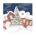 Watercolor winter landscape with christmas tree and houses. Christmas hand drow illustration.