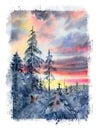 Watercolor winter landscape with Christmas trees and sunset. Snowy peaks and snow drifts. Illustration for the design of Royalty Free Stock Photo