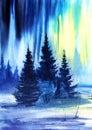 Watercolor winter landscape in cold colors. Northern Lights. Aurora borealis. Dark blue silhouettes of slender fir trees.