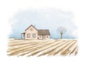 Watercolor winter landscape with country house, field and tree