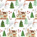 Christmas pattern with watercolors, house and Christmas trees Royalty Free Stock Photo