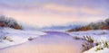 Watercolor winter landscape. Evening sky over river Royalty Free Stock Photo