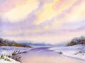 Watercolor winter landscape. Evening sky over river Royalty Free Stock Photo