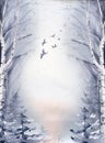 Watercolor winter landscape with fir forest the mountains. Christmas ans new year design. Snow and tree wedding and