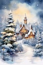 Watercolor winter landscape Illustration. Christmas evening village houses with snow spruce forest Royalty Free Stock Photo