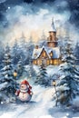 Watercolor winter landscape Illustration. Christmas evening village houses with snow spruce forest. Royalty Free Stock Photo