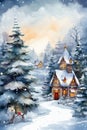 Watercolor winter landscape Illustration. Christmas evening village houses with snow spruce forest. Royalty Free Stock Photo