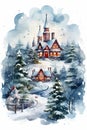 Watercolor winter landscape Illustration . Christmas village houses with snow spruce forest. Royalty Free Stock Photo