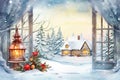 Watercolor winter landscape Illustration . Christmas village houses with snow spruce forest. Royalty Free Stock Photo