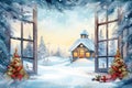 Watercolor winter landscape Illustration . Christmas village houses with snow spruce forest. Royalty Free Stock Photo