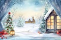 Watercolor winter landscape Illustration . Christmas village houses with snow spruce forest. Royalty Free Stock Photo