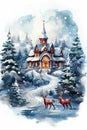 Watercolor winter landscape Illustration . Christmas village houses with snow spruce forest. Royalty Free Stock Photo