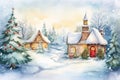 Watercolor winter landscape Illustration . Christmas village houses with snow spruce forest. Royalty Free Stock Photo