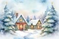 Watercolor winter landscape Illustration . Christmas village houses with snow spruce forest Royalty Free Stock Photo