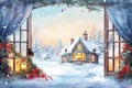 Watercolor winter landscape Illustration . Christmas village houses with snow spruce forest Royalty Free Stock Photo