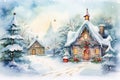 Watercolor winter landscape. Illustration. Christmas village houses with snow spruce forest. Royalty Free Stock Photo