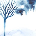 Watercolor winter landscape with isolated sky, moon, tree and forest in blue colors. Watercolor Christmas illustration. Template Royalty Free Stock Photo