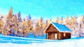 Watercolor winter landscape with mountain cabin