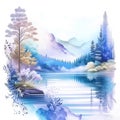 Watercolor winter landscape with mountains, trees and lake. Vector illustration. AI Generated Generative AI Royalty Free Stock Photo