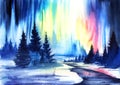 Watercolor winter landscape. Northern Lights. Aurora borealis. Dark blue silhouettes of slender fir trees. Coniferous