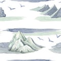 Watercolor winter landscape seamless pattern. Hand painted high frozen mountains with flying birds and splash textures