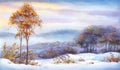 Watercolor winter landscape. Snow-covered valley and trees