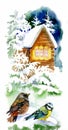 Watercolor winter landscape with snowy house with birds illustration. Royalty Free Stock Photo