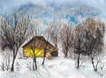 Watercolor winter landscape with wood cabin