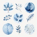 Watercolor Winter Leaf Circle Clipart - Blue Leaves In Monochromatic Style