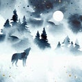 Watercolor winter magic vector landscape isolated on white dackground. Vector silhouette of wolf howling at the full moon. Forest Royalty Free Stock Photo