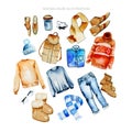 Watercolor winter men clothing illustration collection, clothes layout