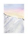 Watercolor winter mountains illustration. Christmas card template with snowy mountain, rock and sunrise in delicate colors for Royalty Free Stock Photo