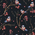 Watercolor winter natural seamless pattern of birds, tree branches, red berries Royalty Free Stock Photo