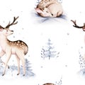 Watercolor winter pattern deer with fawn, owl rabbits, bear birds on white background. Wild forest fox and squirrel animals set.