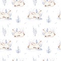 Watercolor winter pattern deer with fawn, owl rabbits, bear birds on white background. Wild forest fox and squirrel