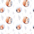 Watercolor winter pattern deer with fawn, owl rabbits, bear birds on white background. Wild forest fox and squirrel