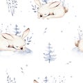 Watercolor winter pattern deer with fawn, owl rabbits, bear birds on white background. Wild forest fox and squirrel