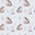 Watercolor winter pattern deer with fawn, owl rabbits, bear birds on white background. Wild forest fox and squirrel