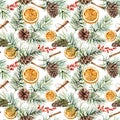 Watercolor winter pattern with pine branch, cones. Hand painted fir branch, orange slice, barberry, cinnamon isolated on Royalty Free Stock Photo