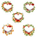 Watercolor winter poinsettia heart wreaths with silver christamas ornaments