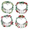 Watercolor winter poinsettia heart wreaths with silver christamas ornaments