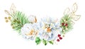 Watercolor winter rose wreath with golden glitter. Realistic round arrangement with white briar flower, pine tree and