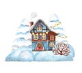 Watercolor winter scene illustration with cute cartoon house, snow, spruce frosty trees.hand painted Christmas themed illustration Royalty Free Stock Photo